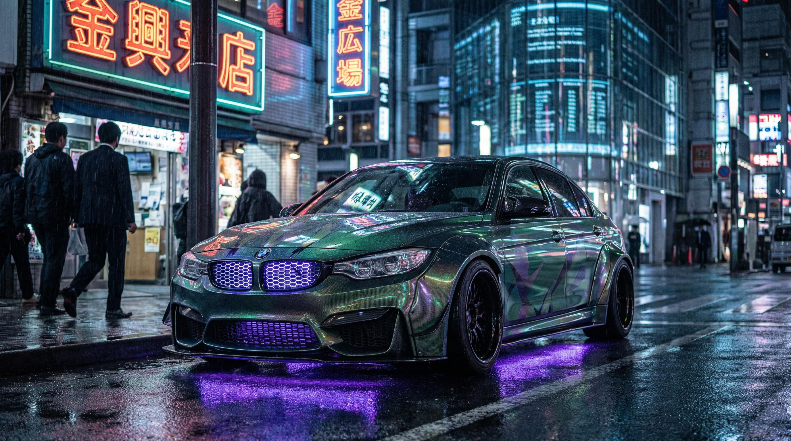 黄色仓库绿色改装轿车夜景灯光视频